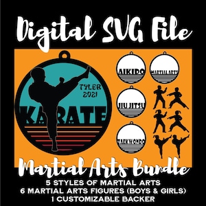 May include: Digital SVG file for a martial arts bundle. The bundle includes 5 styles of martial arts, 6 martial arts figures, and 1 customizable backer. The image shows a karate silhouette with the text "KARATE" and "TYLER 2021".