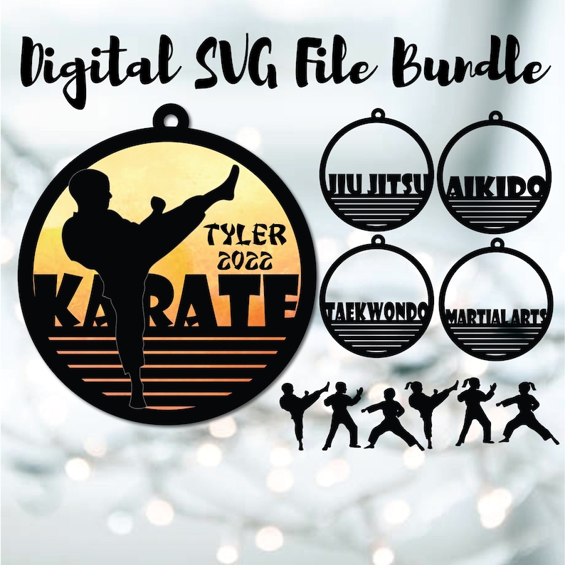 May include: A digital SVG file bundle of six different martial arts themed ornaments. The ornaments feature a silhouette of a person performing a karate kick, the words "KARATE", "TYLER", and "2022", and a sunset background. The other ornaments feature the words "Jiu-Jitsu", "Aikido", "Taekwondo", and "Martial Arts".