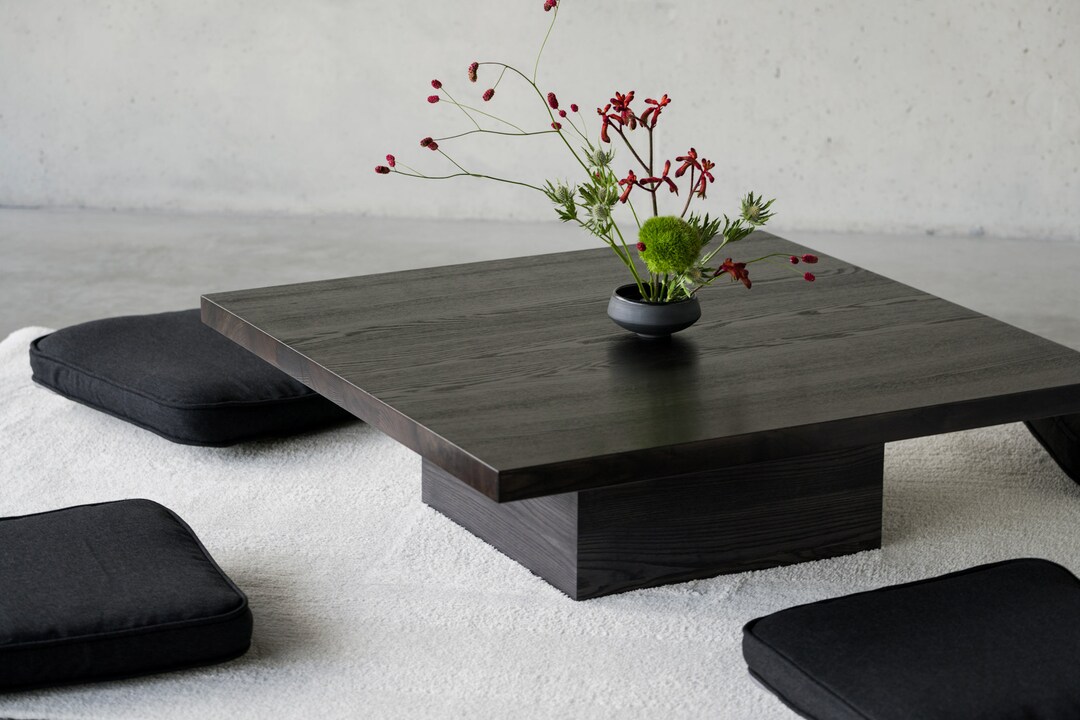 Black Pedestal Coffee Table, Black and Wood Coffee Table, Low Black