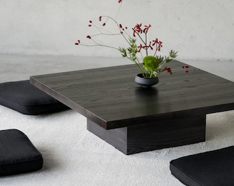 Black pedestal coffee table, Black and wood coffee table, Low black coffee table, Solid dark wood coffee table, Small pedestal coffee table