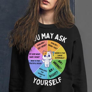 May include: Black sweatshirt with a colourful graphic featuring a cat and a wheel of questions like "How did I get here?" and "Am I right?" The text "YOU MAY ASK YOURSELF" is at the top and bottom.