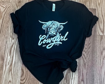 Highland Cow Cowgirl Bella+Canvas T-Shirt, Western Style