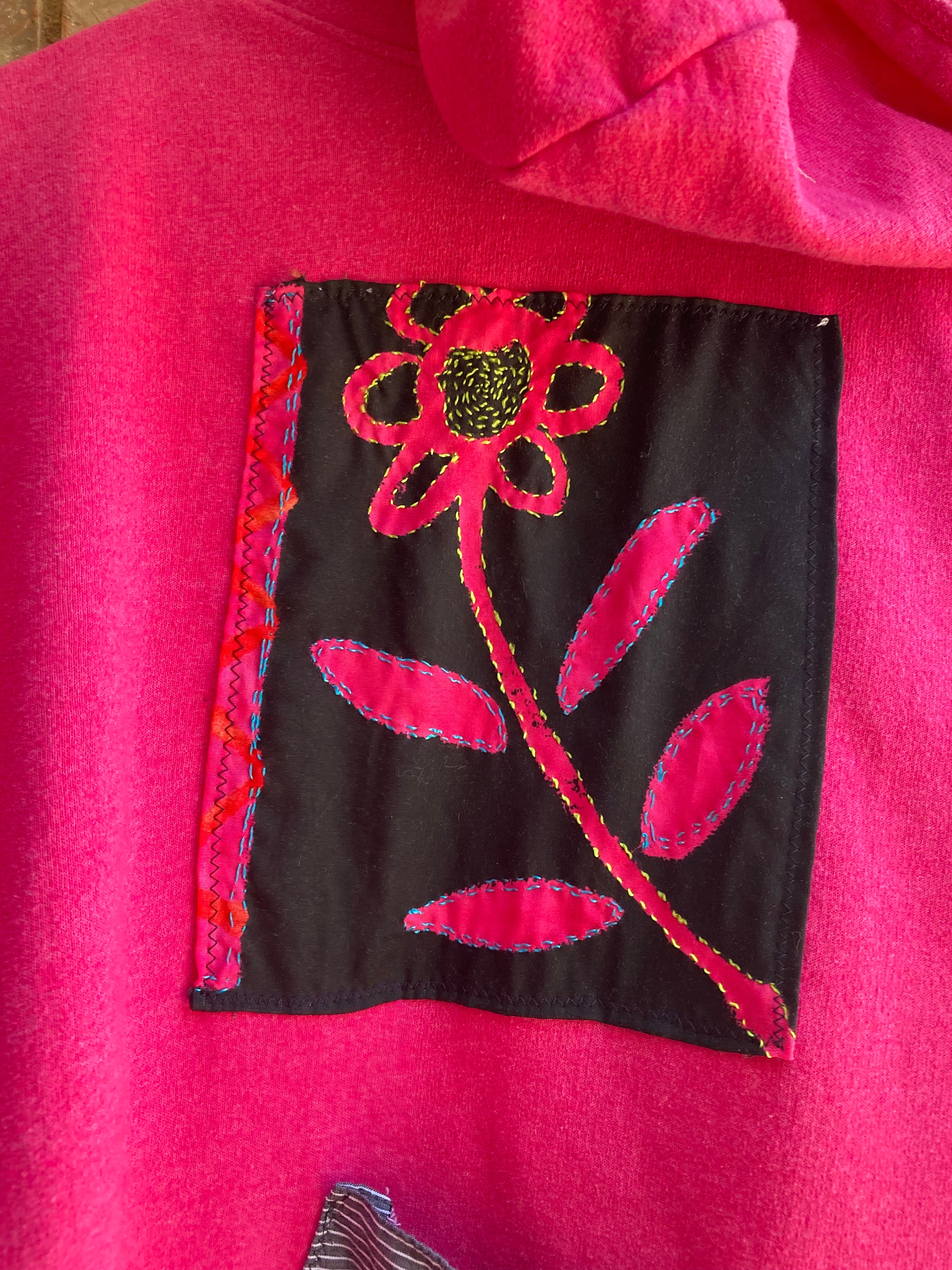 Hot Pink Repurposed Hoodie. Upcycled Hoodie With Patchwork. Hoodie