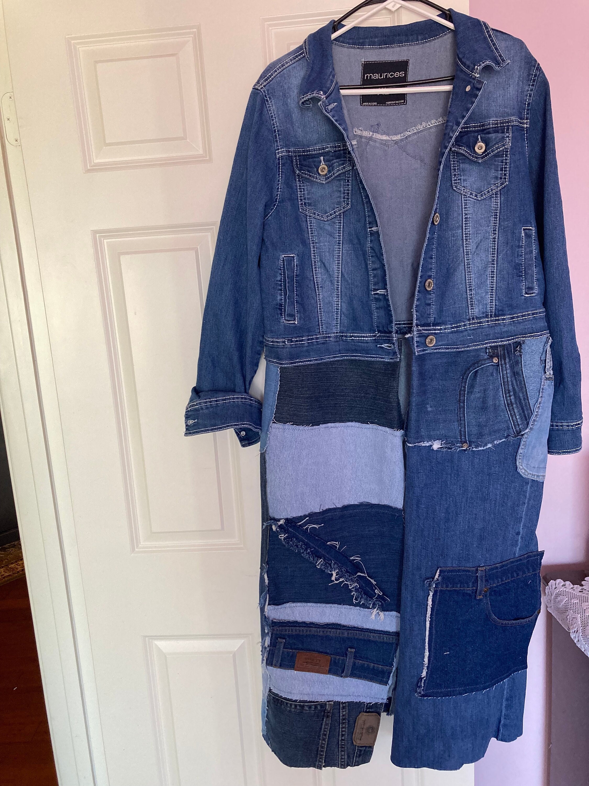 A long Duster With Patchwork. Unique Patchwork Denim Jacket. Remade Jacket with Frayed Seams  Upcycled Long Denim Coat With Lots Of Pockets
