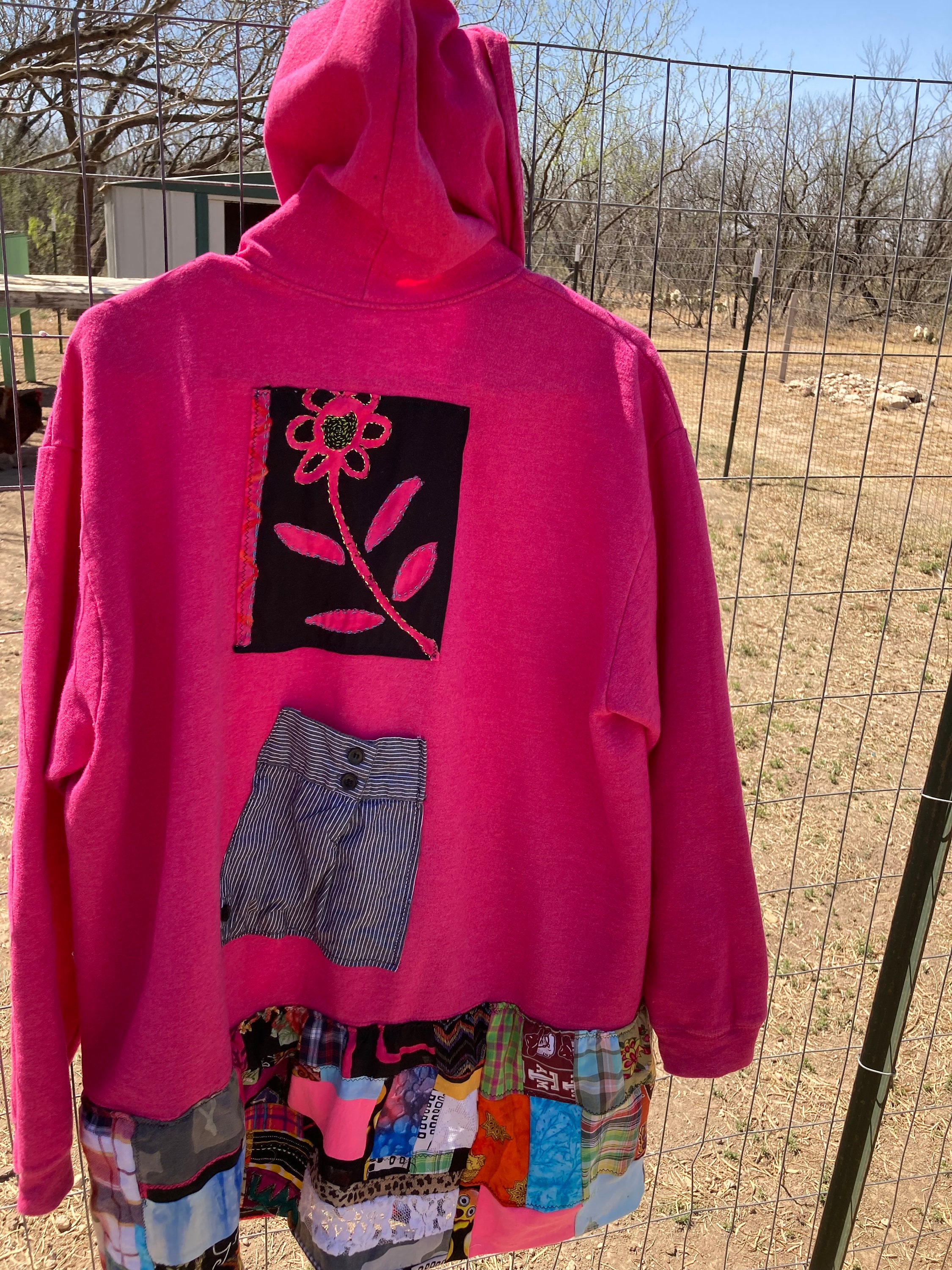 Hot Pink Repurposed Hoodie. Upcycled Hoodie With Patchwork. Hoodie