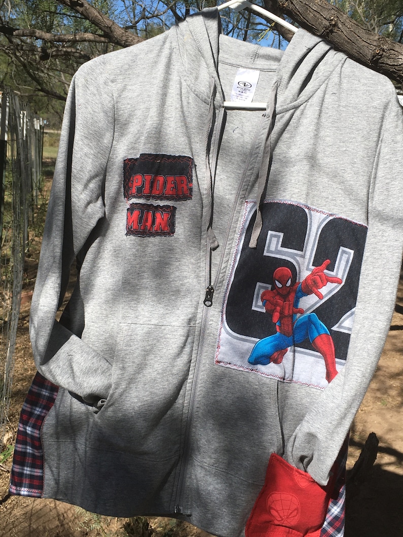 Repurposed Hoodie With Spider Man Patch. Altered Hoodie With Patchwork