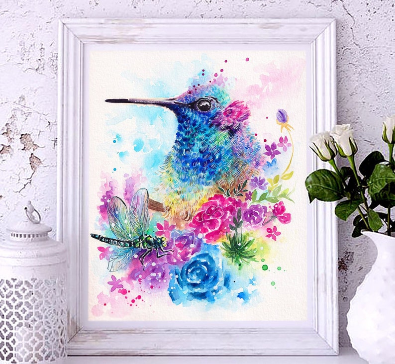 Hummingbird and Dragonfly Printable Art Blossom Garden Etsy