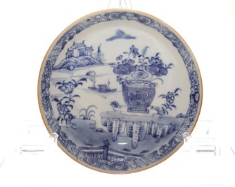Plato pequeño blanco azul antiguo jardín China porcelana Qianlong