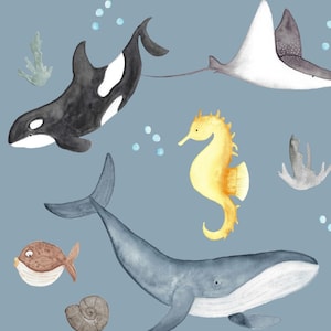 Eigenproduktion Baumwolle Jersey Softshell Musselin French Terry Rib-Jersey Stoff "Deep Sea Family blau"  (Digitaldruck)