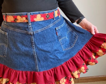 Upcycled Denim Christmas Apron: Gingerbread Ruffle, Plus Size