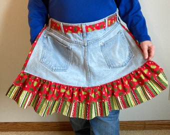 Upcycled Denim Christmas Apron, Holiday Hostess Gift
