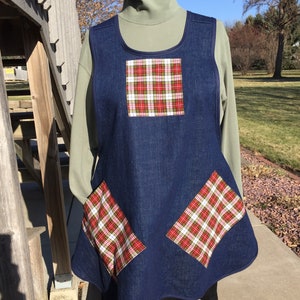 Handmade Denim Crossback Apron: Plaid Pockets, No Ties