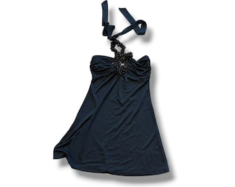 Y2K Black Beaded Neckline Halter Tank