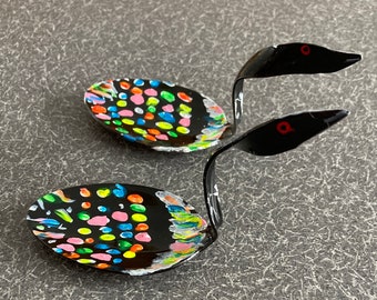 Swimming Neon Loon Spoon Pair Hand Bent and Painted
