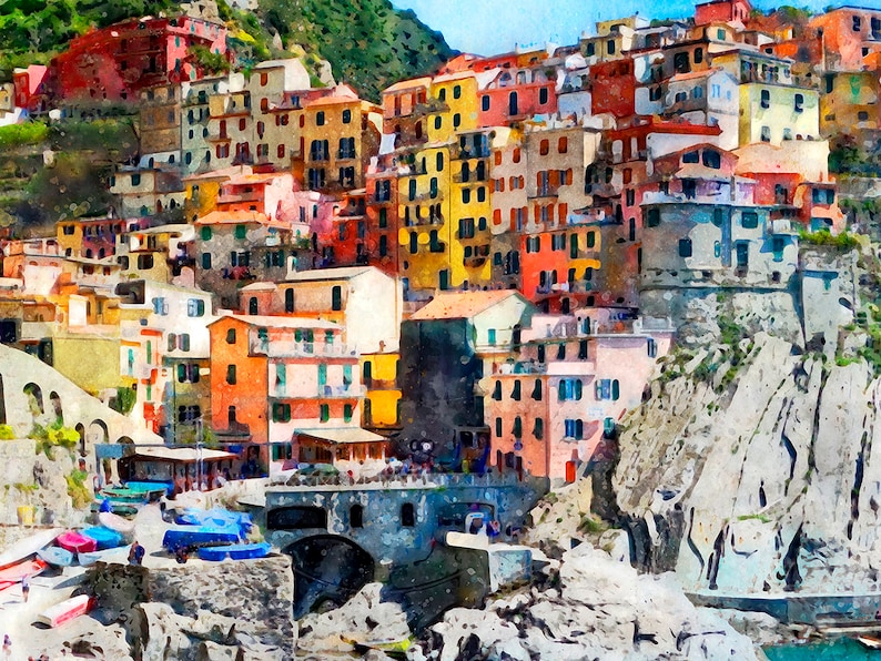 PRINT Cinque Terre Manarola Houses Italy Rolled Watercolor Etsy
