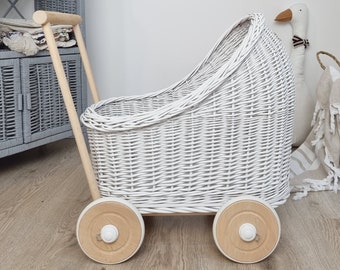 Wiklibox natural wicker & beech wood doll's pram in WHITE color. Ecological paint. Baby walker