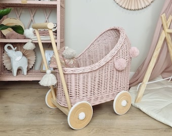 Wiklibox wicker & beech wood doll's pram in DUSTY PINK color + bedding and pompoms