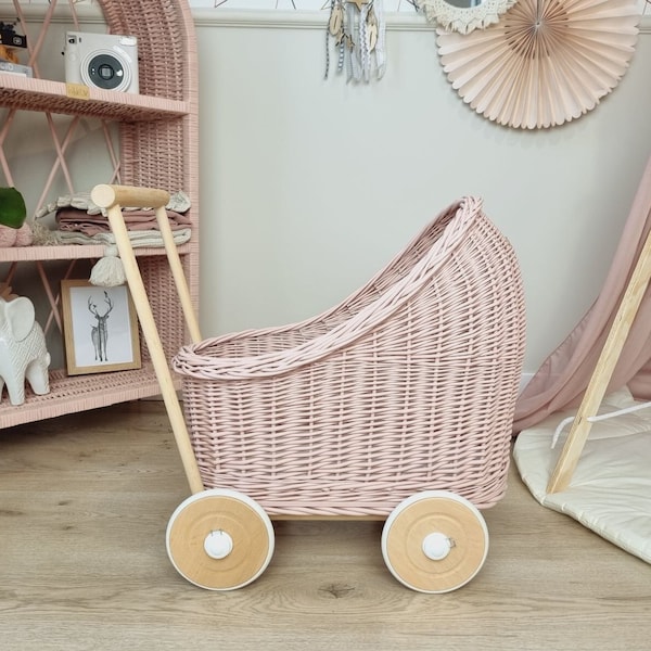 Wiklibox natural wicker & beech wood doll's pram in DUSTY PINK color. Baby walker