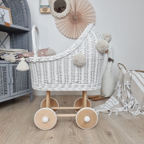 Wiklibox wicker & beech wood high doll's pram in WHITE color + bedding and pompoms