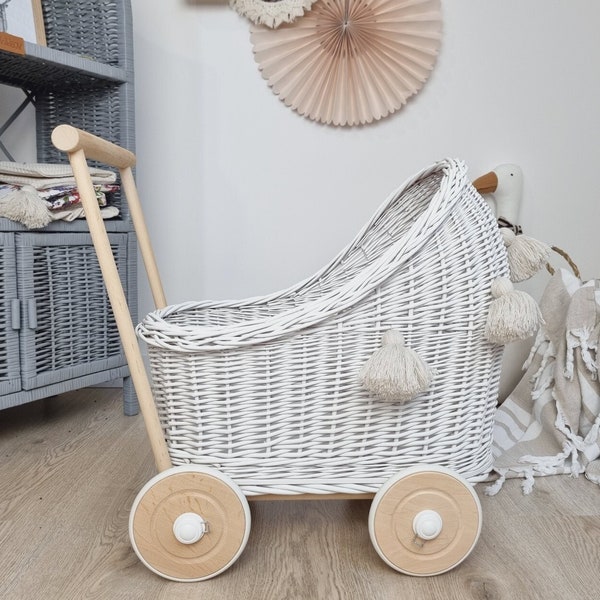 Wiklibox wicker & beech wood doll's pram in WHITE color + tassels