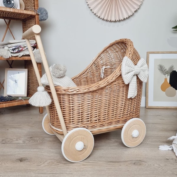 Wiklibox wicker & beech wood doll's pram in NATURAL color + bedding and bows. Unpainted!