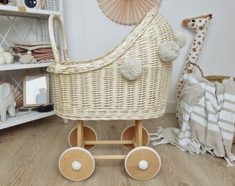 Wiklibox wicker & beech wood high doll's pram in ECRU (creamy) color + pompoms. Unpainted!