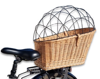 Porte-bagage pour vélo fait main Wiklibox en osier pour chien ou chat de couleur NATUREL avec COUSSIN en coton, bouton réglable et cage en fer massif.