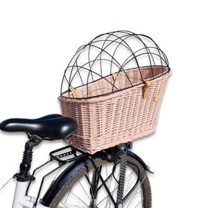 Wiklibox rieten fietsbagagedrager honden- of kattendraagtas in STOFROZE kleur met KUSSEN, verstelbare knop en massief ijzeren kooi.