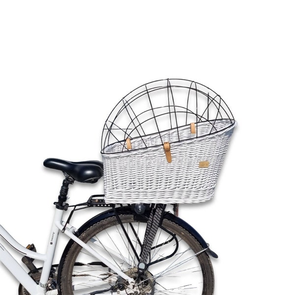 Porte-bagage pour vélo Wiklibox en osier pour chien ou chat de couleur BLANCHE avec COUSSIN, bouton réglable et cage en fer massif.