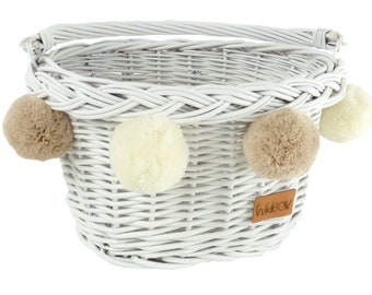 Wiklibox wicker bike basket for kids mounted on the hooks in WHITE color with pompoms (variants). Ecological Paint