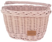 Wiklibox wicker bike basket for kids mounted on the hooks in DUSTY PINK color. Ecological Paint