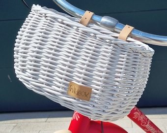 Wiklibox wicker bike basket for kids DUMPY in WHITE color mounted on belts