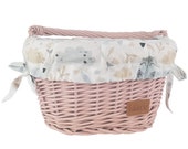 Wiklibox wicker bike basket for kids mounted on the hooks in DUSTY PINK color with liner (variants). Polish product