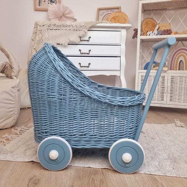 Wiklibox wicker & beech wood high doll's pram in SEA color and SEA color base. Baby walker