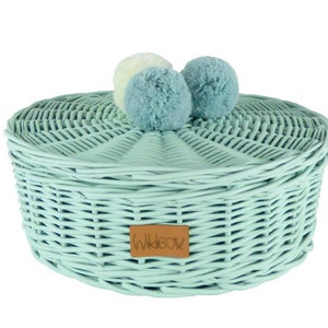 Wiklibox handmade natural wicker jewelry box in GREEN color with 3 pompoms Polish product many colors available