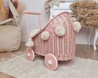 Wiklibox wicker & beech wood doll's pram in DUSTY PINK color and PINK base + bedding and pompoms