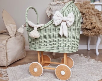 Wiklibox wicker & beech wood high doll's pram in OLIVE color + bedding and bows