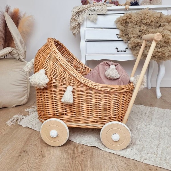 Wiklibox wicker & beech wood doll's pram in NATURAL color with bedding and tassels. Unpainted!
