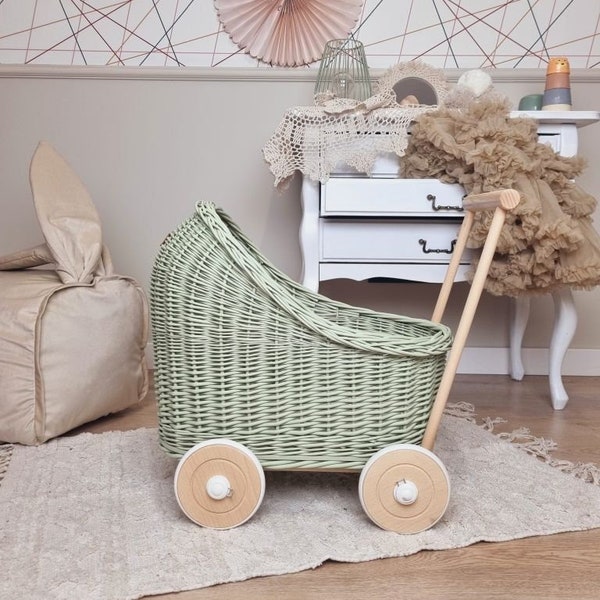 Wiklibox wicker & beech wood doll's pram in OLIVE color. Ecological paint. Baby walker