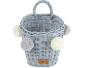 Wiklibox wicker wall basket in GRAY color with pompoms (variants). Ecological paint. Polish product.