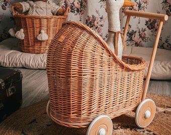 Wiklibox natural wicker & beech wood doll's pram in NATURAL color. Unpainted!