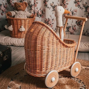 Wiklibox natural wicker & beech wood doll's pram in NATURAL color. Unpainted!