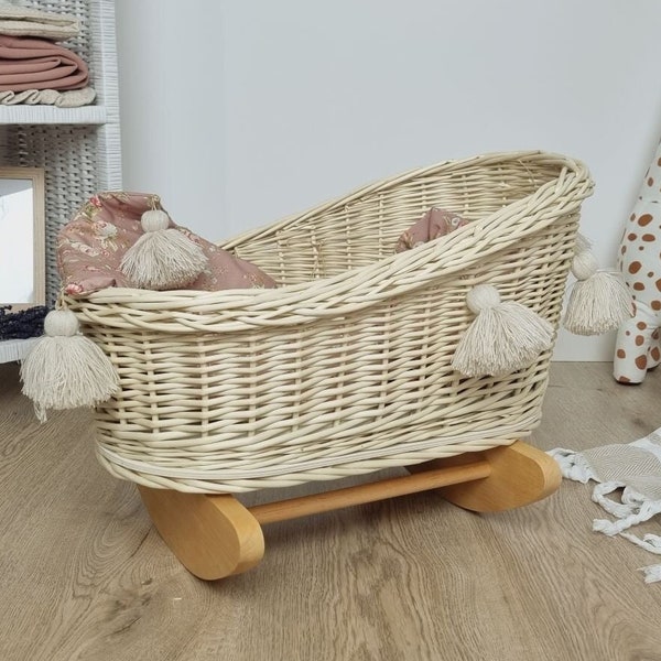 Wiklibox wicker & beech wood doll's cradle in ECRU (creamy) color + bedding and tassels. Unpainted!