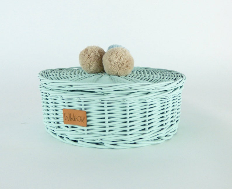 Wiklibox handmade natural wicker jewelry box in GREEN color with 3 pompoms Polish product many colors available