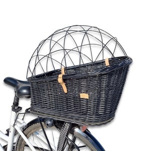 Porte-bagage pour vélo fait main en osier Wiklibox pour chien ou chat de couleur NOIR avec coussin en coton, bouton de réglage et cage en fer massif