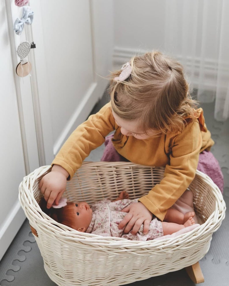 Wiklibox wicker /& beech wood doll/'s cradle in WHITE color with pompoms Polish product