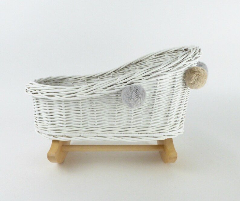 Wiklibox wicker /& beech wood doll/'s cradle in WHITE color with pompoms Polish product