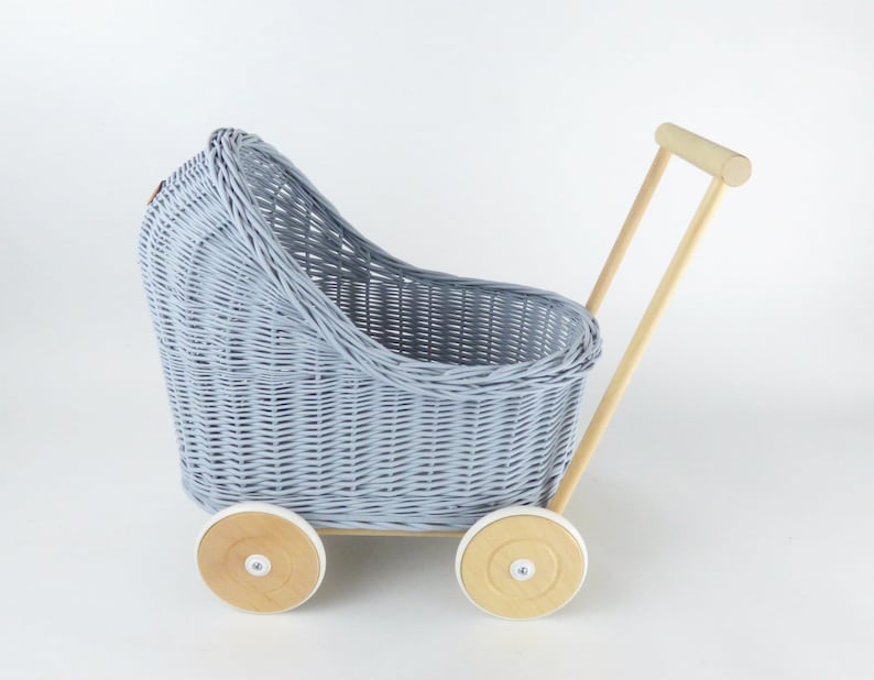Wiklibox natural wicker /& beech wood doll/'s pram in GRAY color Baby walker