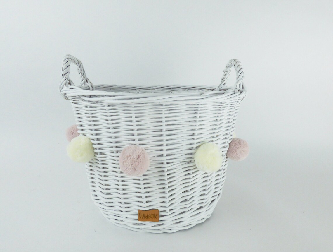 Wiklibox Wicker Toys Basket in WHITE Color With 6 Pompoms Etsy