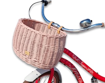 Wiklibox wicker bike basket DUMPY in DUSTY PINK color mounted on belts